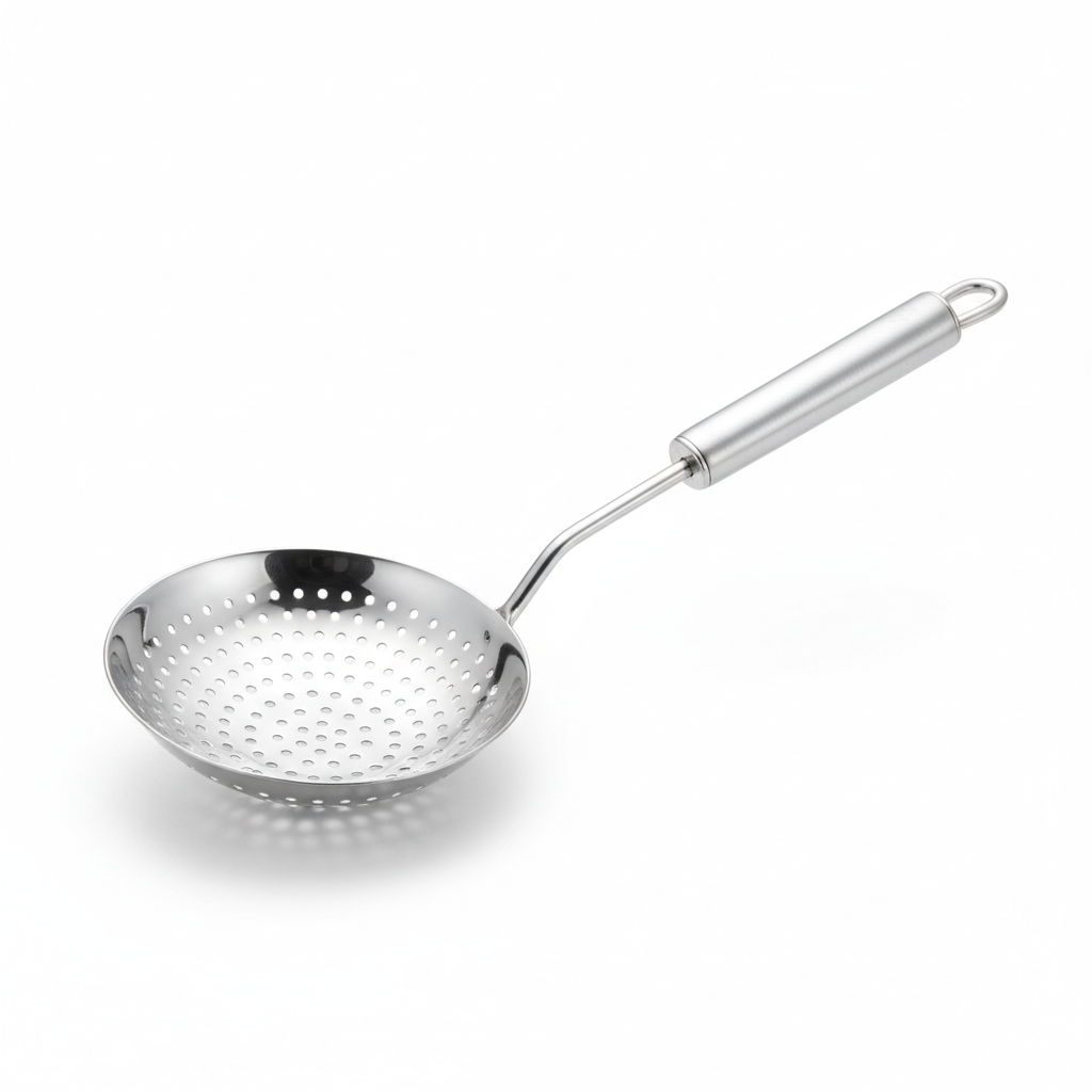 Stainless steel kitchen skimmer with round perforated head on pure white background
