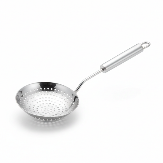 Stainless steel kitchen skimmer with round perforated head on pure white background