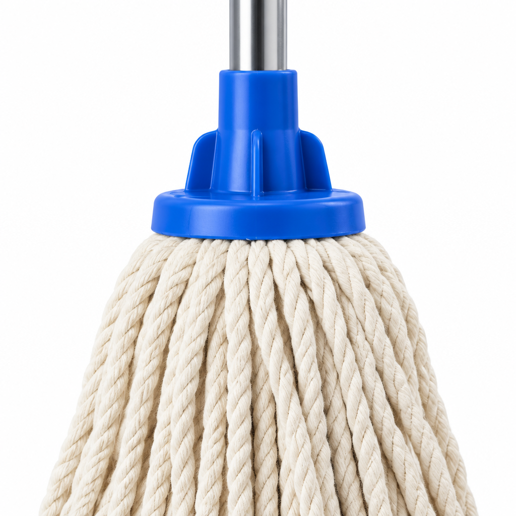 Close-up of the cotton string mop heavy-duty threaded blue socket and thick absorbent cotton strands