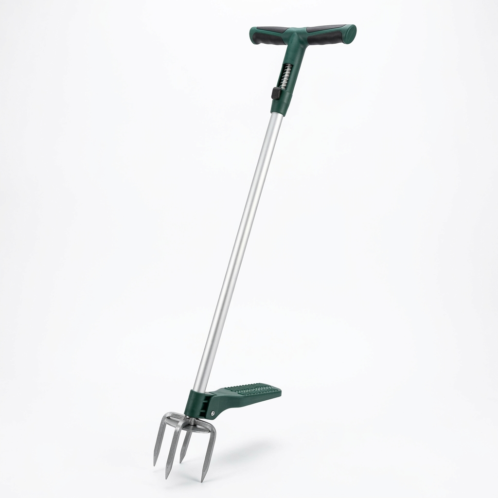 Single complete 3-claw stand-up weed puller with aluminum shaft, foot pedal, and spring-ejector T-handle on pure white background