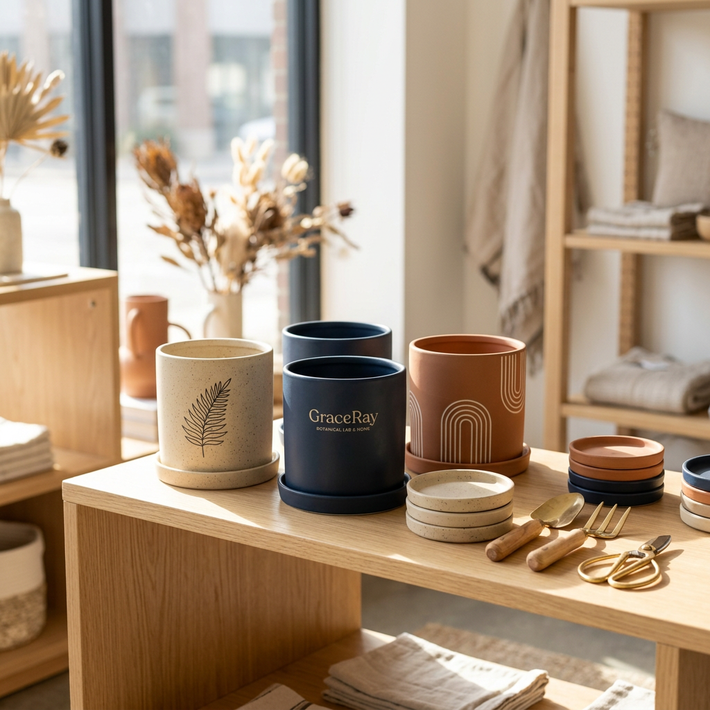 Custom branded ceramic planters displayed on an oak shelf in a botanical lifestyle shop