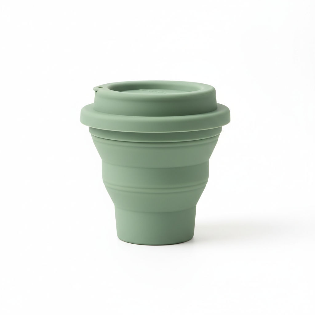Collapsible silicone travel cup fully expanded on pure white background