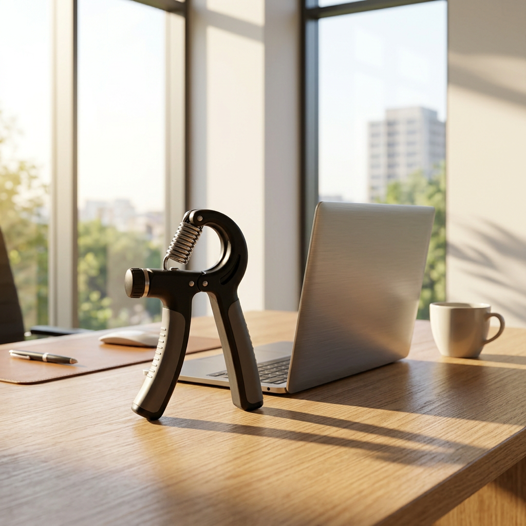 Hand grip strengthener resting on an office desk next to a laptop