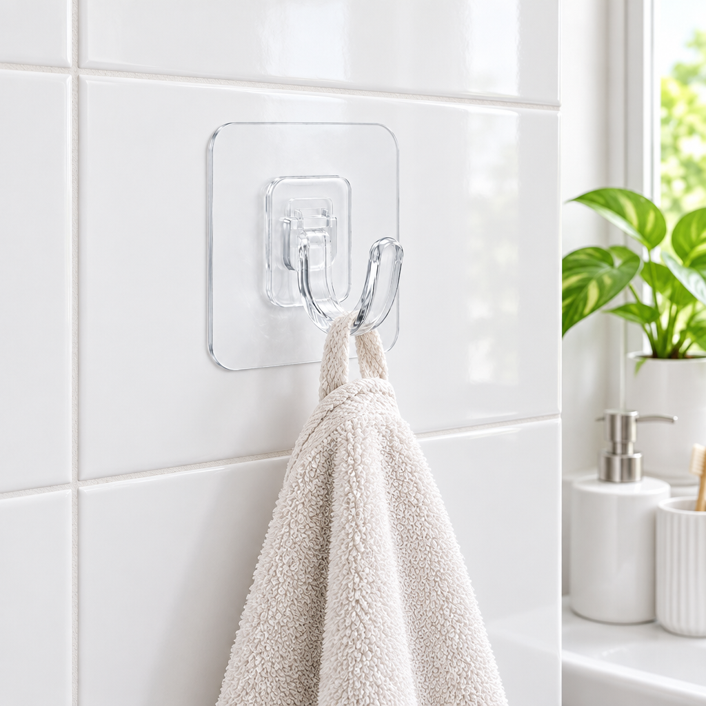 Clear adhesive household hook mounted on a bathroom tile wall holding a small hand towel