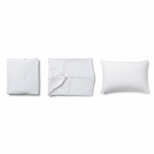 White hotel pillow protector shown in three views: fully zipped closed, unzipped showing full-length zipper and interior, and fitted over plump hotel pillow, on white background commercial hospitality bedding protection