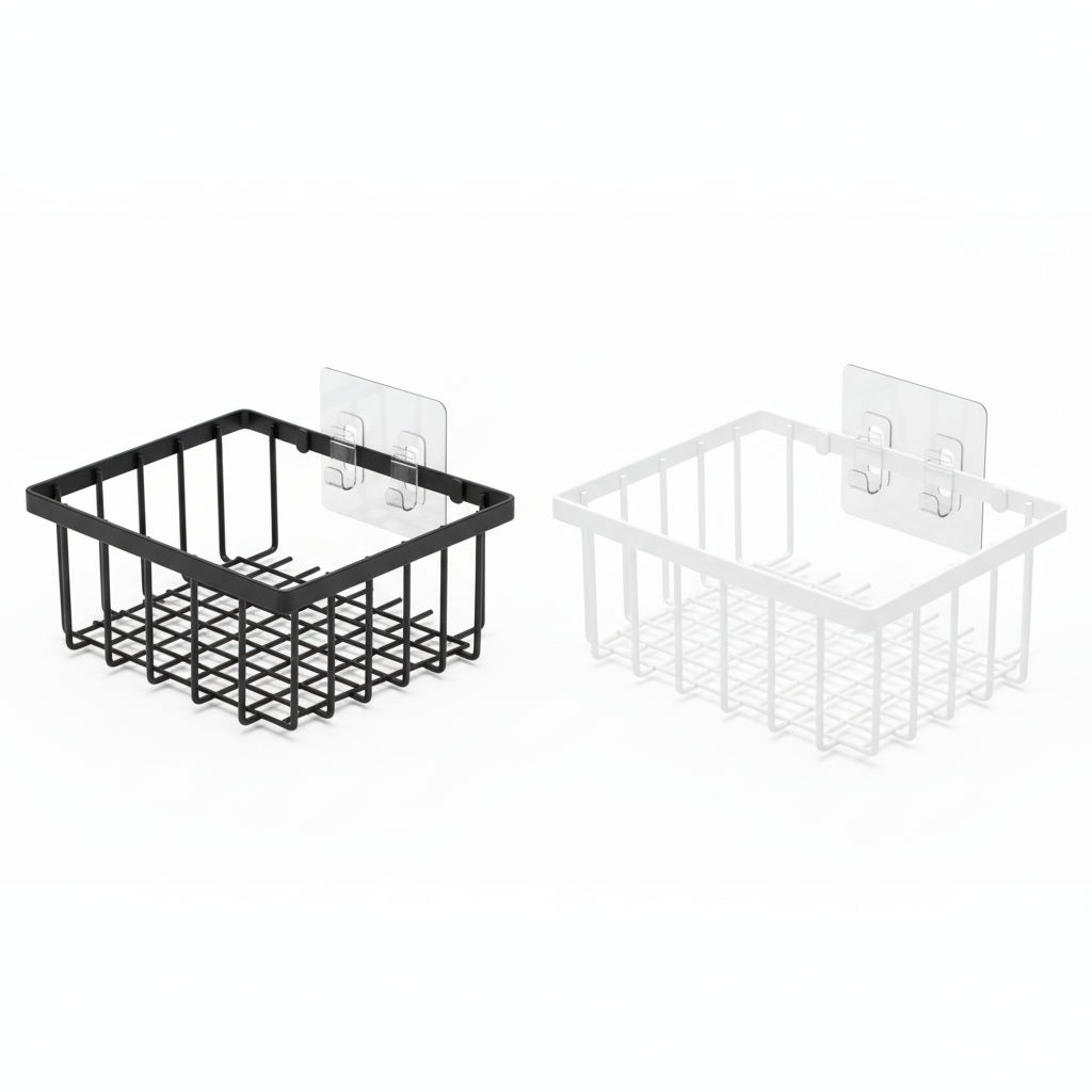 Adhesive kitchen wall storage racks in black and white finishes on pure white background