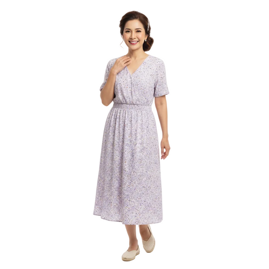 Front view of small floral V-neck midi dress on white background