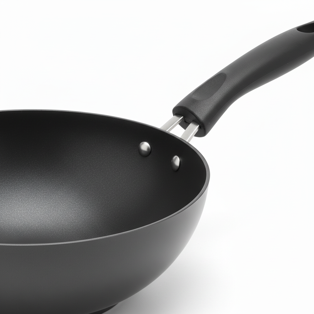Close-up detail of deep curved wok interior, matte non-stick coating, and dual riveted handle connection on white.