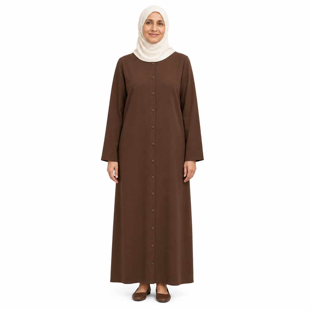Mature model in a cream hijab wearing a chocolate brown full-length button front abaya with a center button placket, on a white background