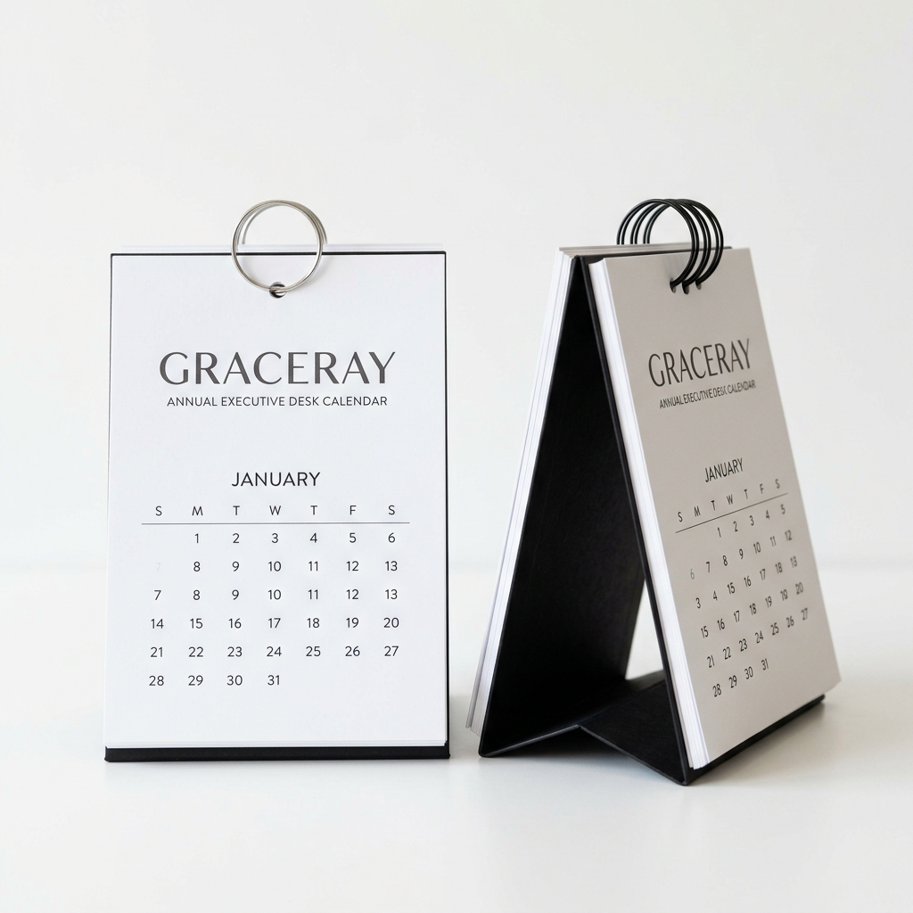 Custom desktop calendar stand with printed date pages for an office workstation.