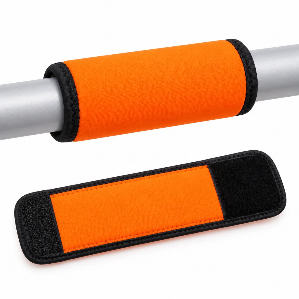 Fluorescent neon orange padded neoprene luggage handle wrap shown wrapped and flat on white background