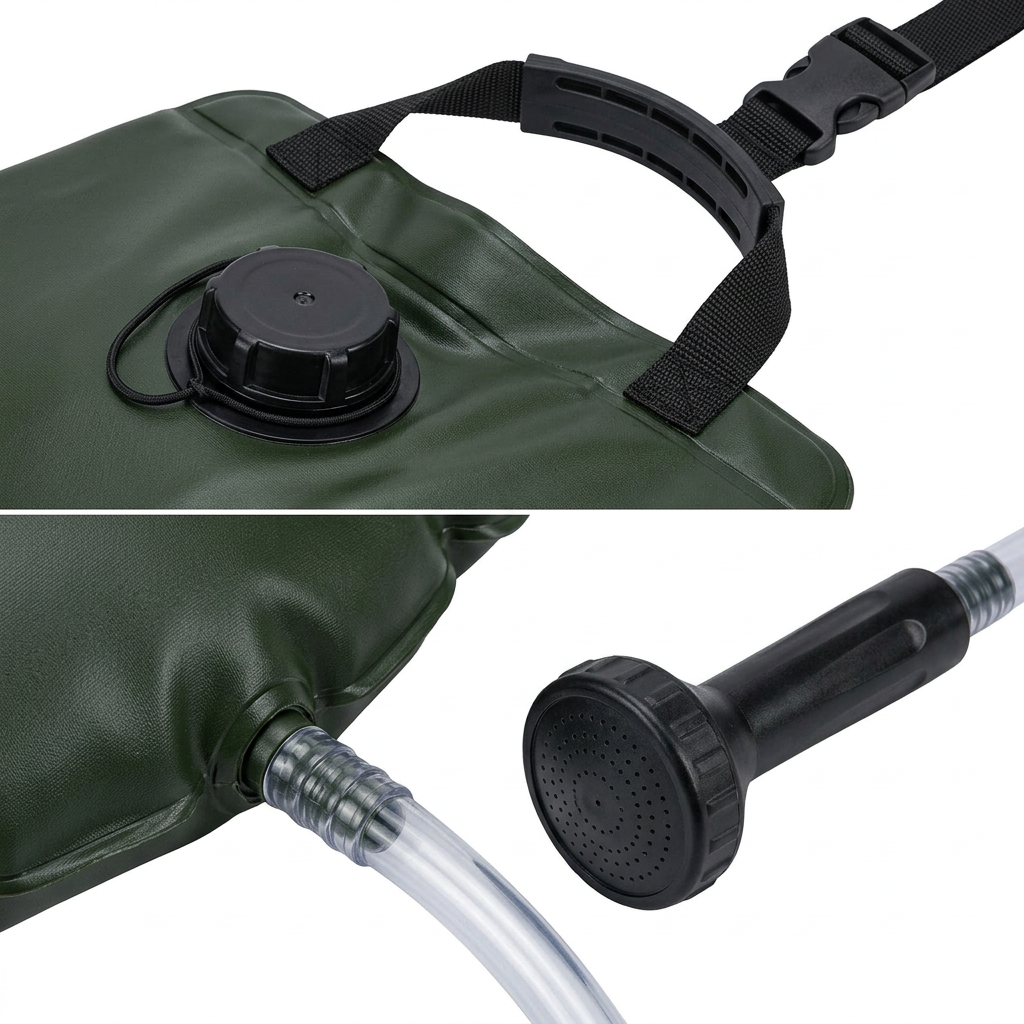 Detail close-up of camping shower bag showing wide screw filler cap, plastic handle bar, clear PVC hose, and twist spray nozzle on white background