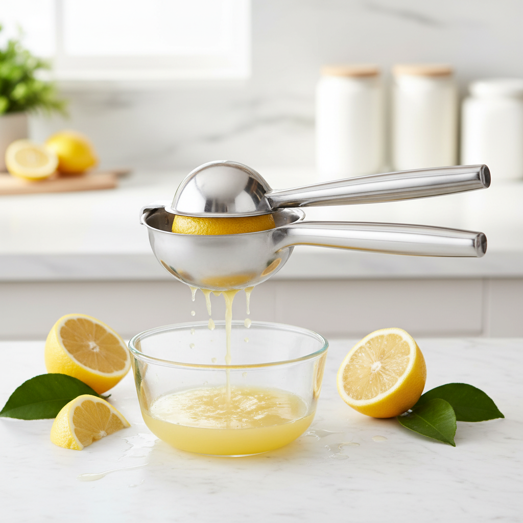 Stainless steel lemon squeezer extracting fresh citrus juice into a glass bowl