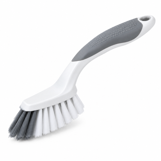 Bathroom cleaning brush with angled pointed head, stiff bristles, and ergonomic handle on white background