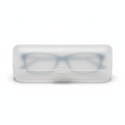 Hard plastic eyeglass case with snap closure in frosted translucent white on white background