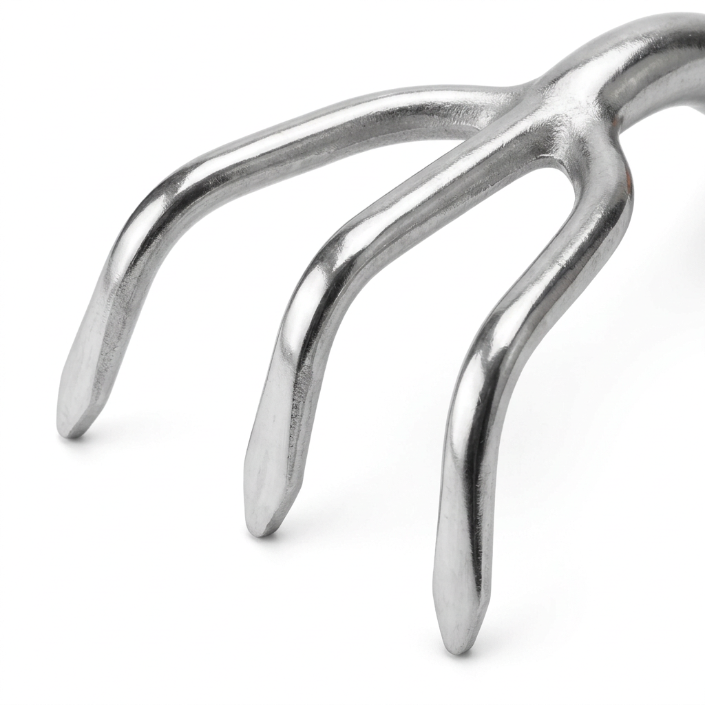 Macro close-up detail of 3 curved polished cast aluminum claw tines structure and solid neck joint on pure white background
