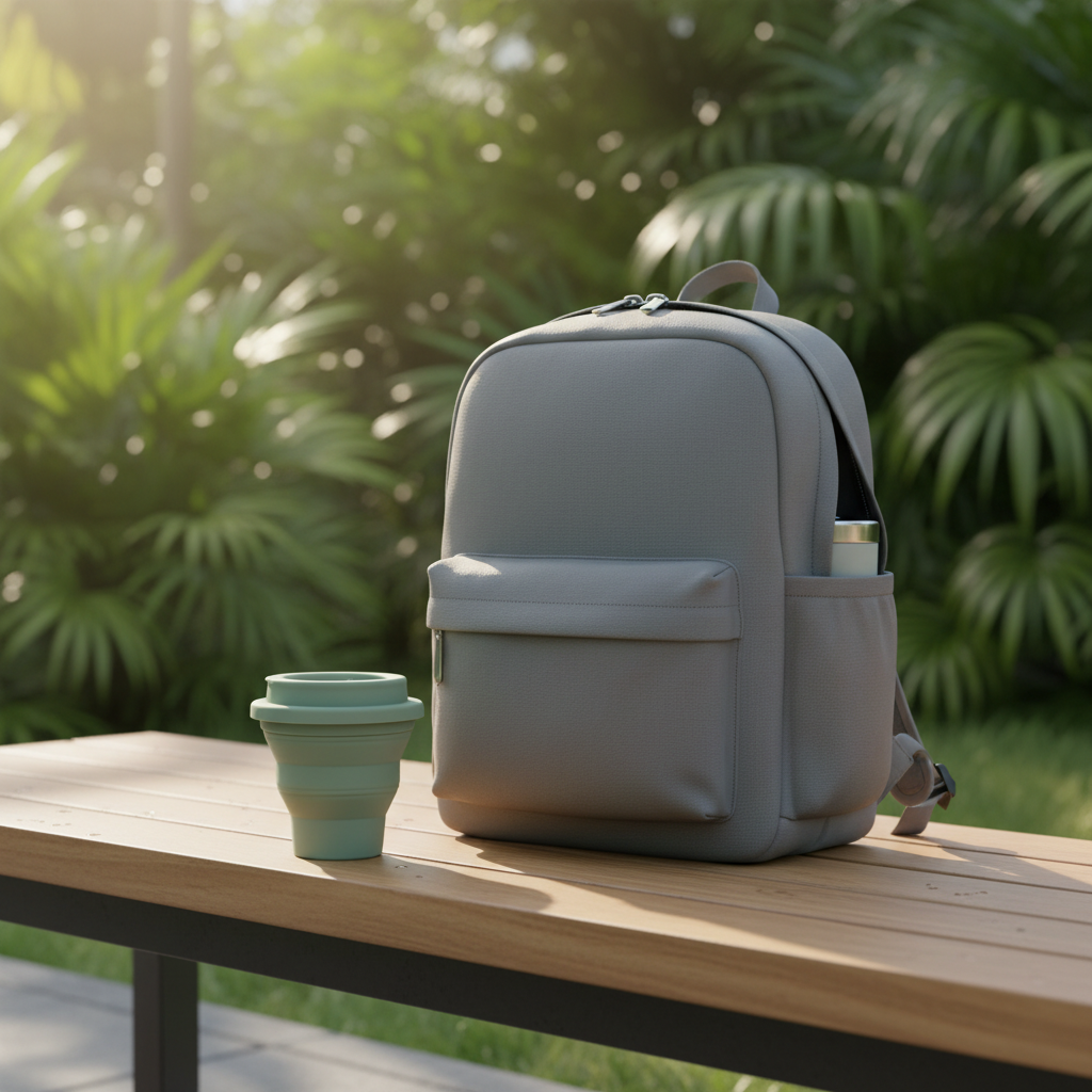 Collapsible silicone travel cup on an outdoor park bench beside a travel backpack