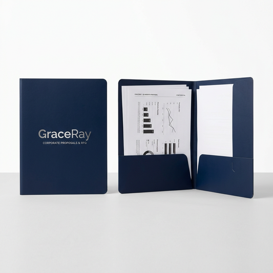 Custom printed presentation folders with organized document pockets for business meetings.