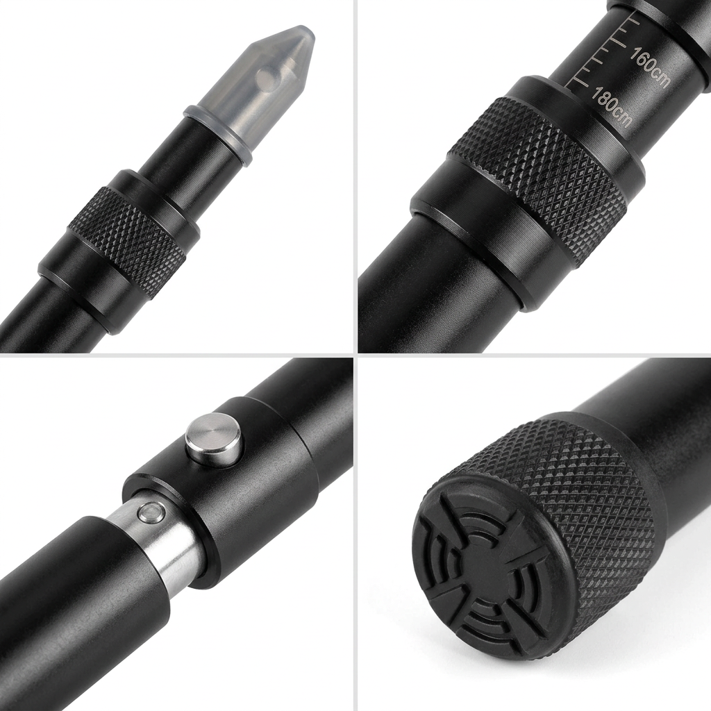 Detail close-up of camping tarp pole showing stainless pin tip, knurled rain cap, telescopic twist-lock collar, and spring push-button socket on white background