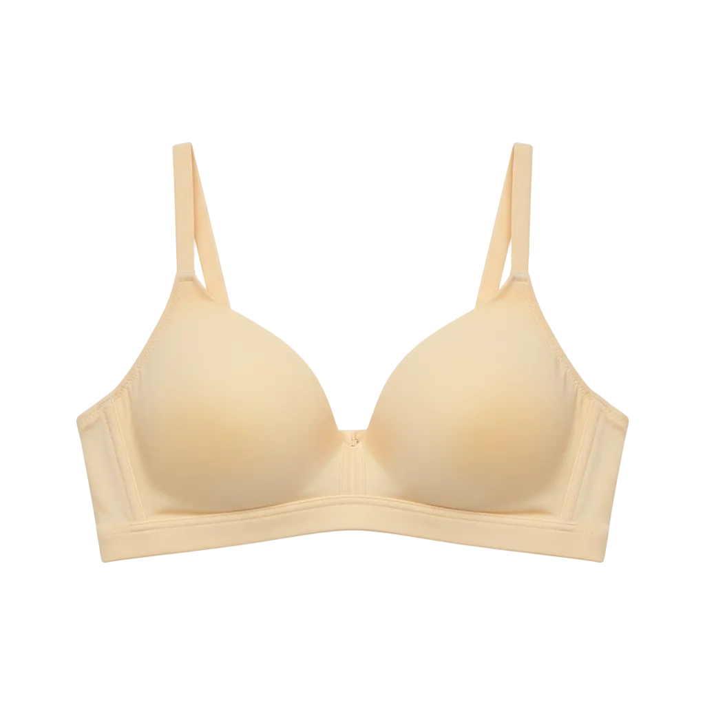 Front view of non-padded everyday cotton bra in soft warm vanilla on white background