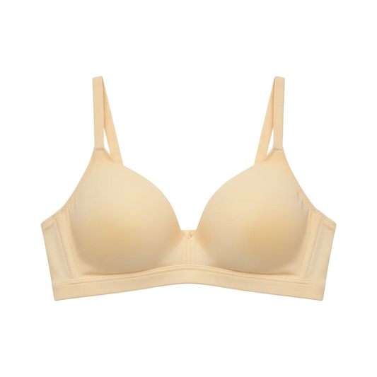 Front view of non-padded everyday cotton bra in soft warm vanilla on white background