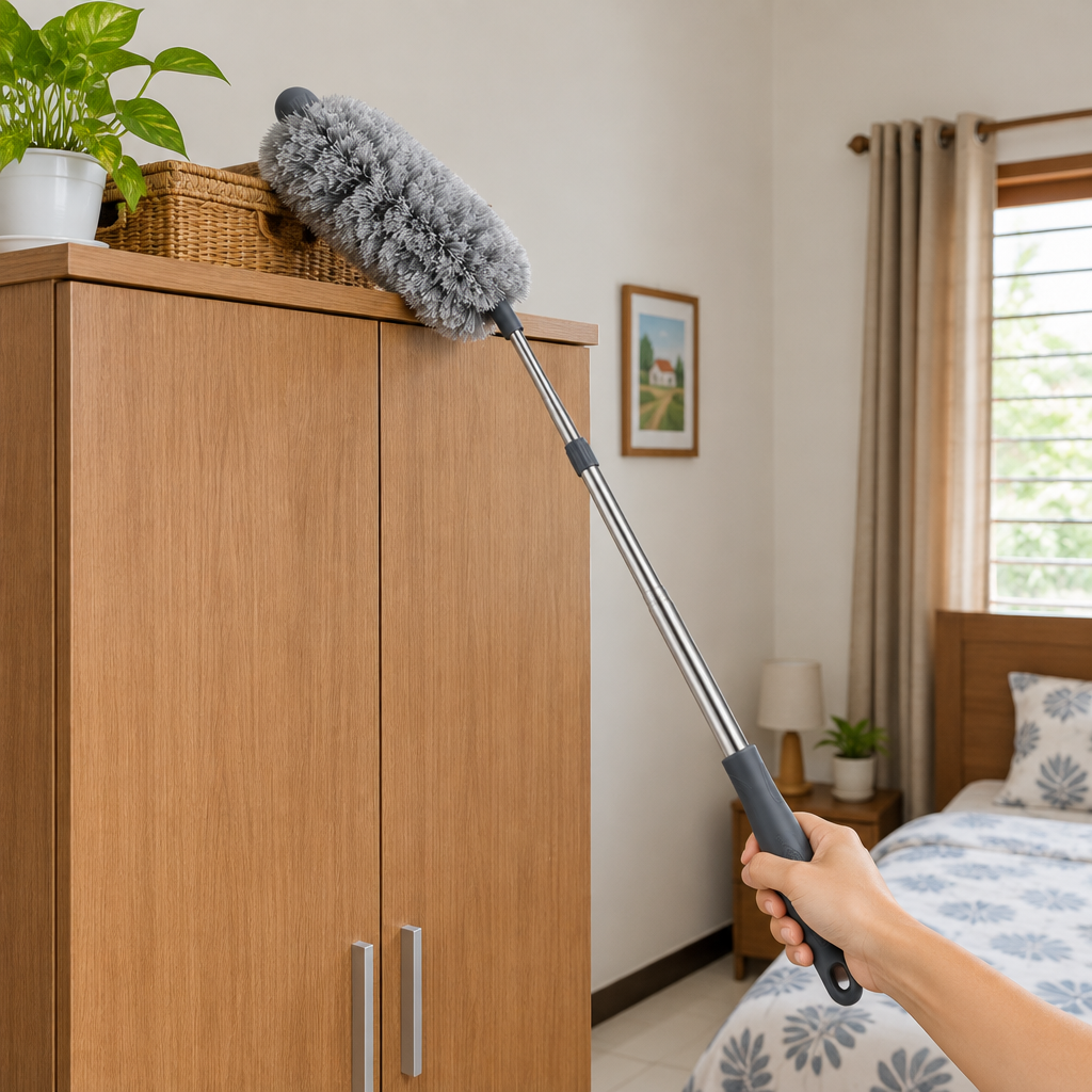 Extendable microfiber feather duster held by hand dusting the top of a wooden wardrobe in an Indonesian home