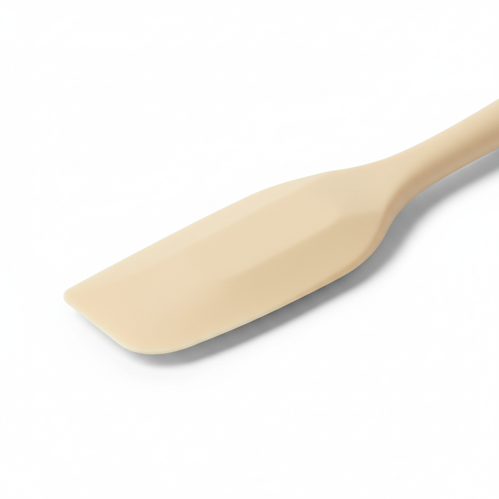 Macro detail of slim flexible silicone scraping head with contour edge for jars
