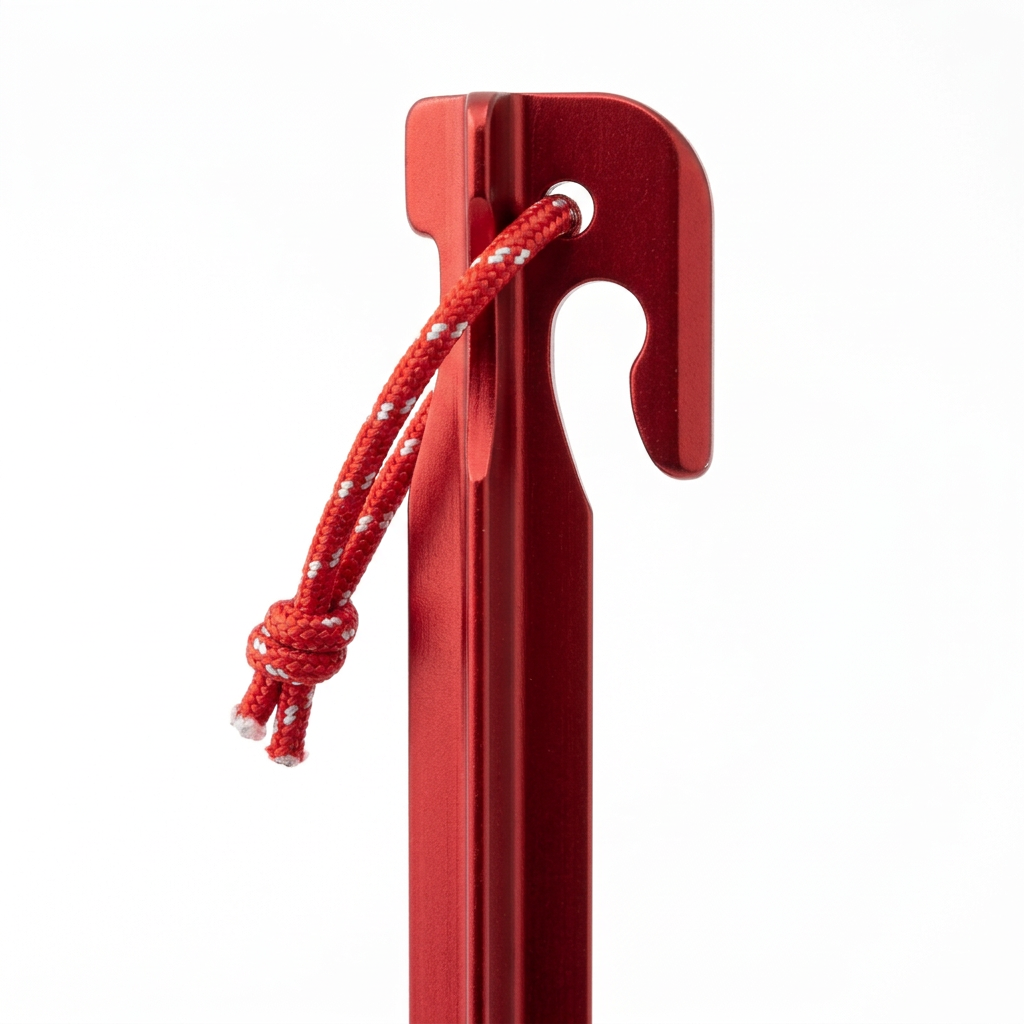Detail close-up of red triangular tent stake showing top retention hook notch, reflective pull cord loop, and CNC machined Y-beam flutes on white background