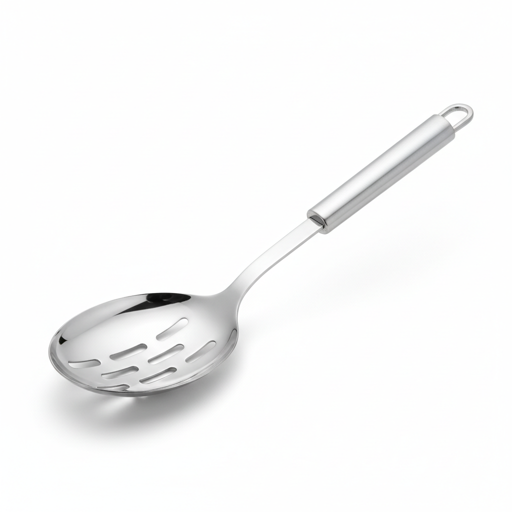 Stainless steel slotted cooking spoon with elongated drainage slots on pure white background