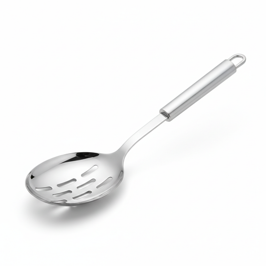 Stainless steel slotted cooking spoon with elongated drainage slots on pure white background
