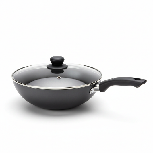 Classic round aluminum non-stick wok with transparent tempered glass lid and heat-resistant handle on a white background.