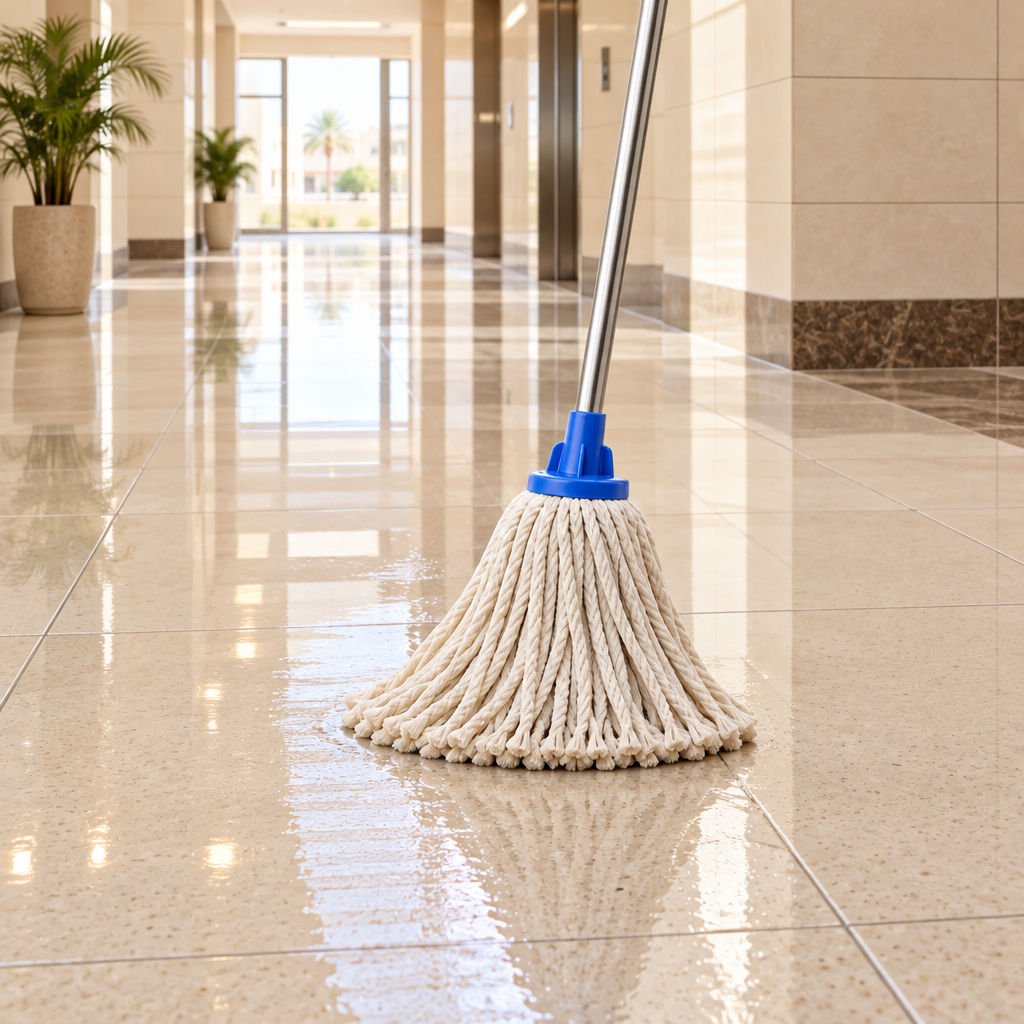 Cotton string mop cleaning tiled floor with realistic wet mop stroke in a Middle Eastern commercial hallway