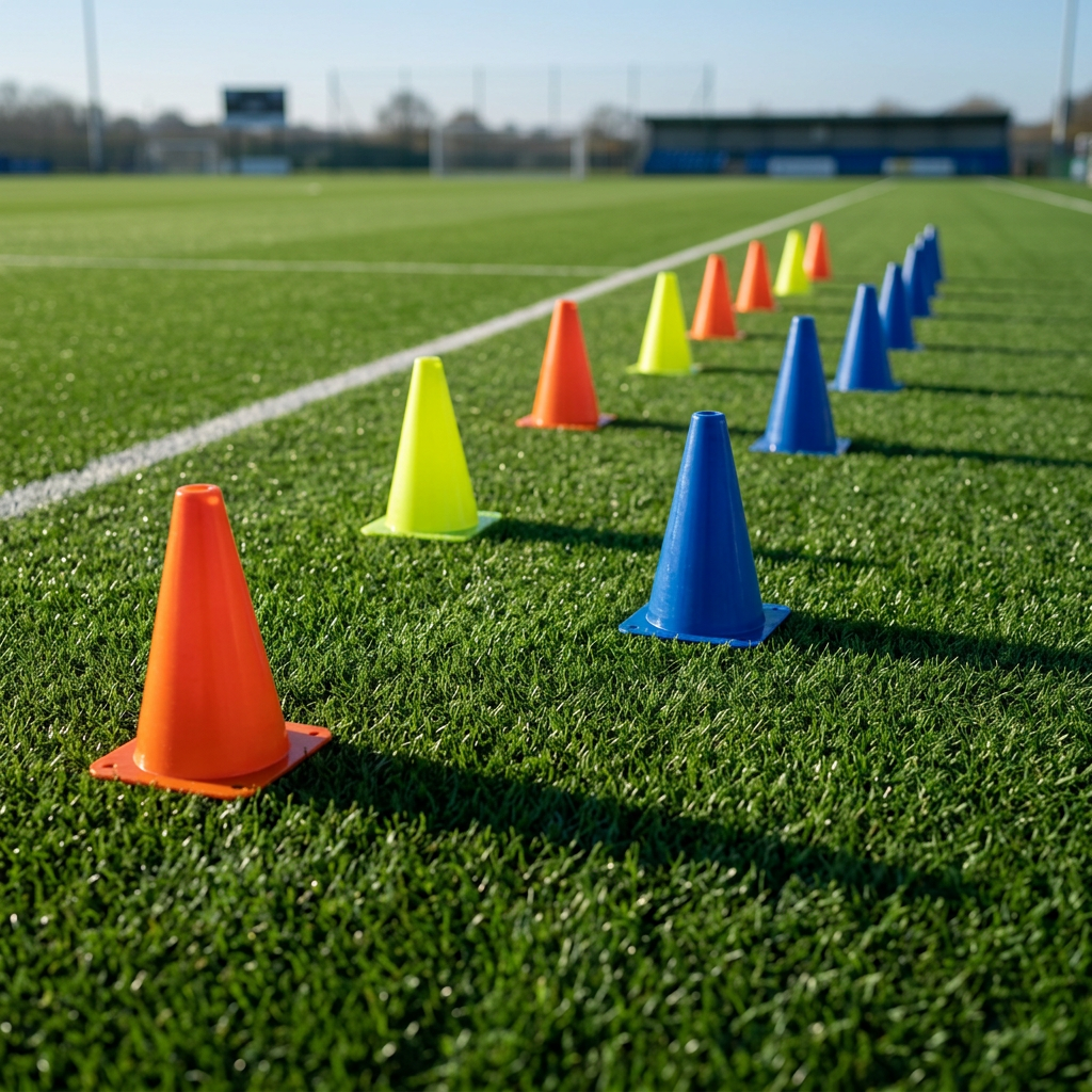 Sports training cones placed along an agility slalom drill route on a green grass field