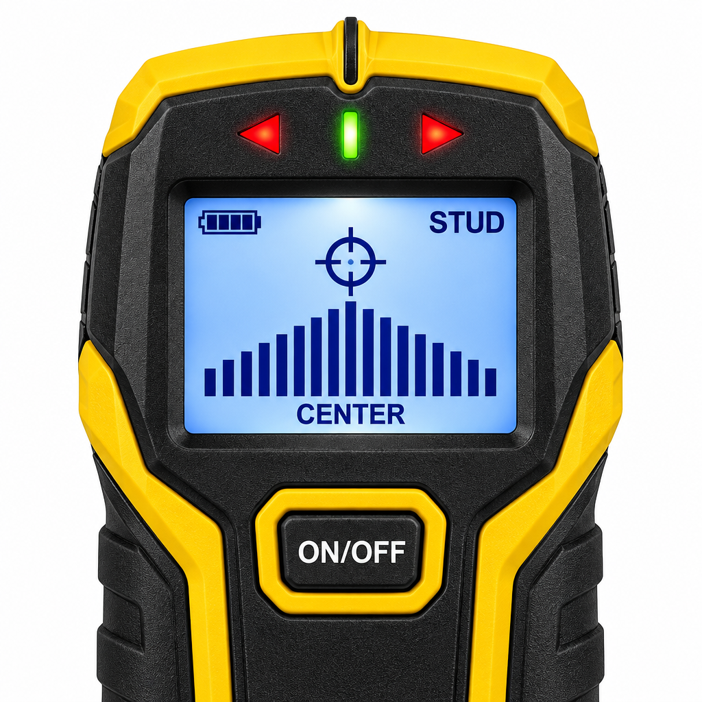Macro close-up of electronic stud finder highlighting high-contrast LCD display, detection bars, and mode buttons