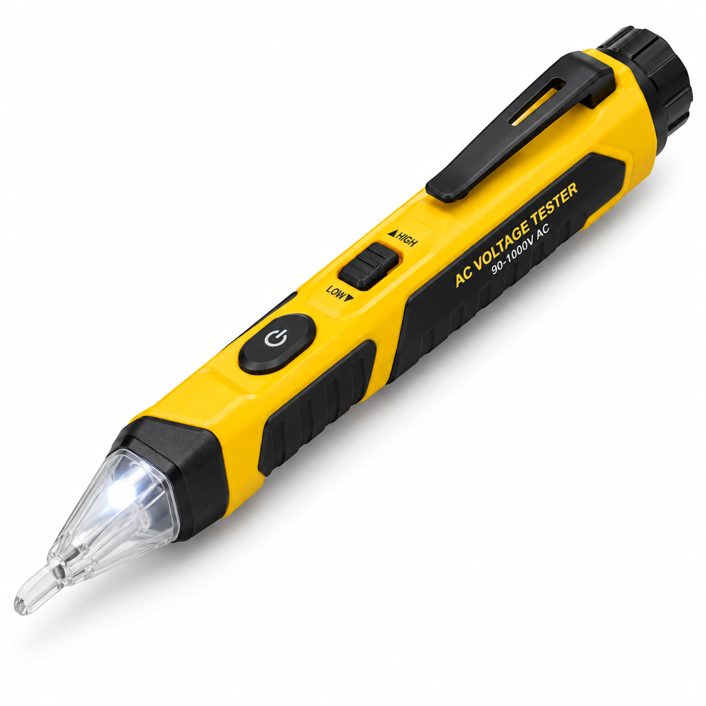 Pen-style non-contact AC voltage tester with LED worklight, sensitivity switch, and pocket clip on a pure white background