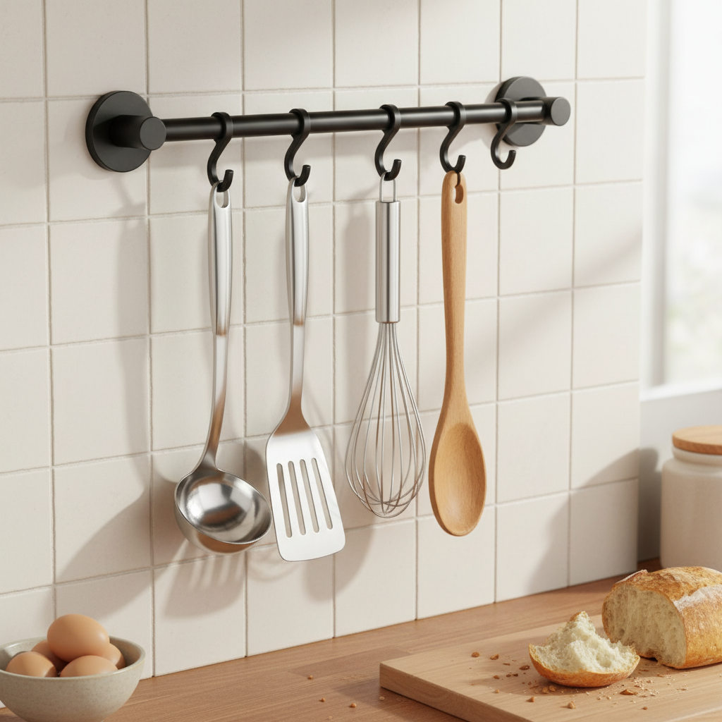 Hanging kitchen utensil rack mounted on wall holding cooking tools above countertop
