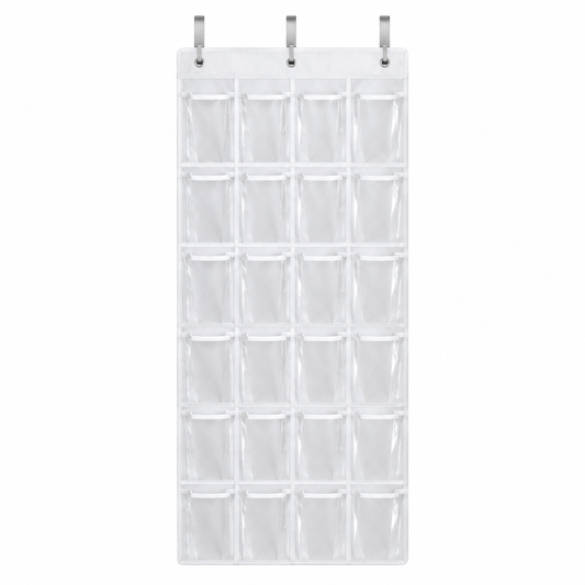 Hanging shoe organizer, white over-the-door panel with 24 clear pockets and three metal hooks on white background