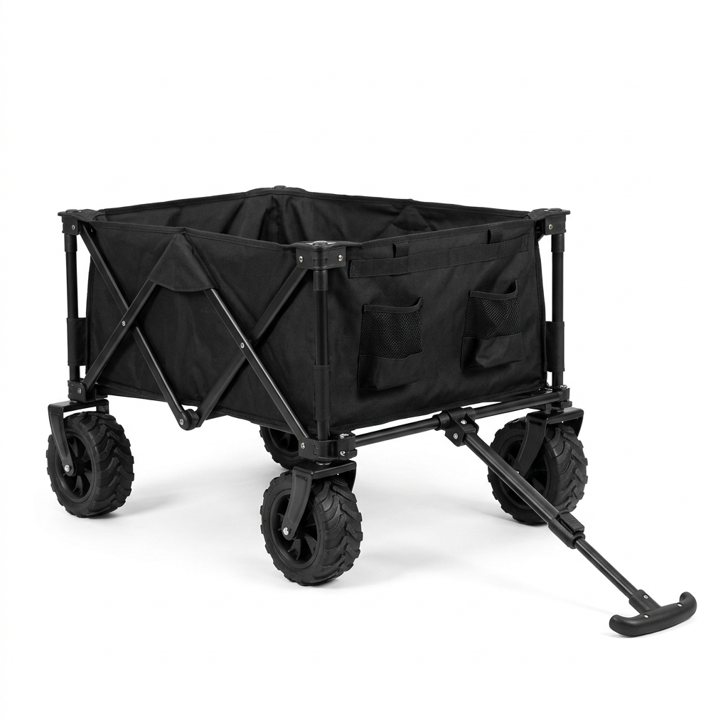 Heavy-duty black collapsible folding utility wagon fully open on a pure solid white background showing steel frame, fabric liner, and all-terrain wheels