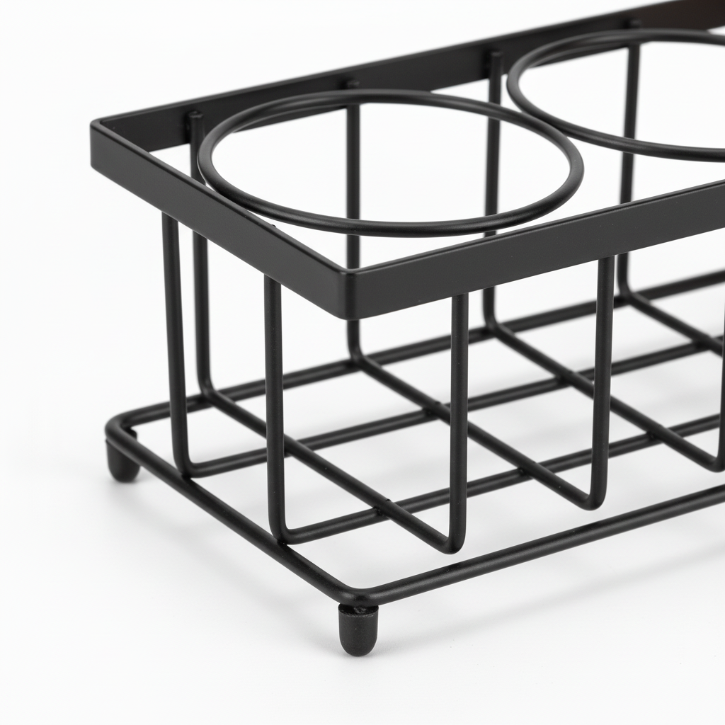 Close-up detail of circular bottle divider slots and wire frame on bottle rack