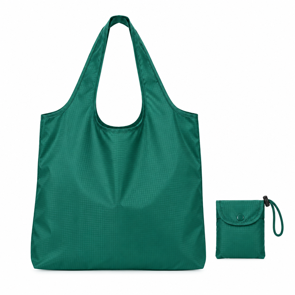Foldable green ripstop shopping bag shown fully open alongside its compact folded pouch on white background