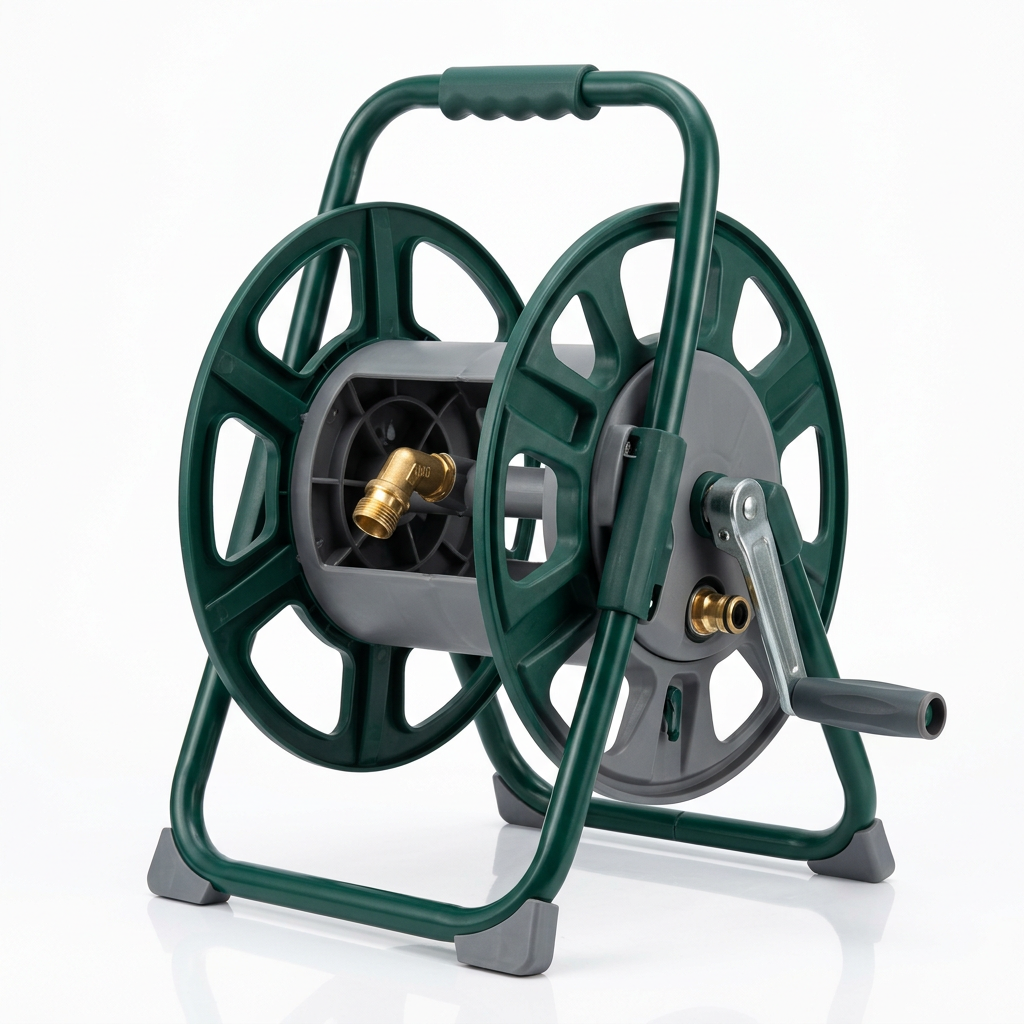 Single complete portable manual garden hose reel showing tubular metal frame, drum discs, and side winding handle on pure white background