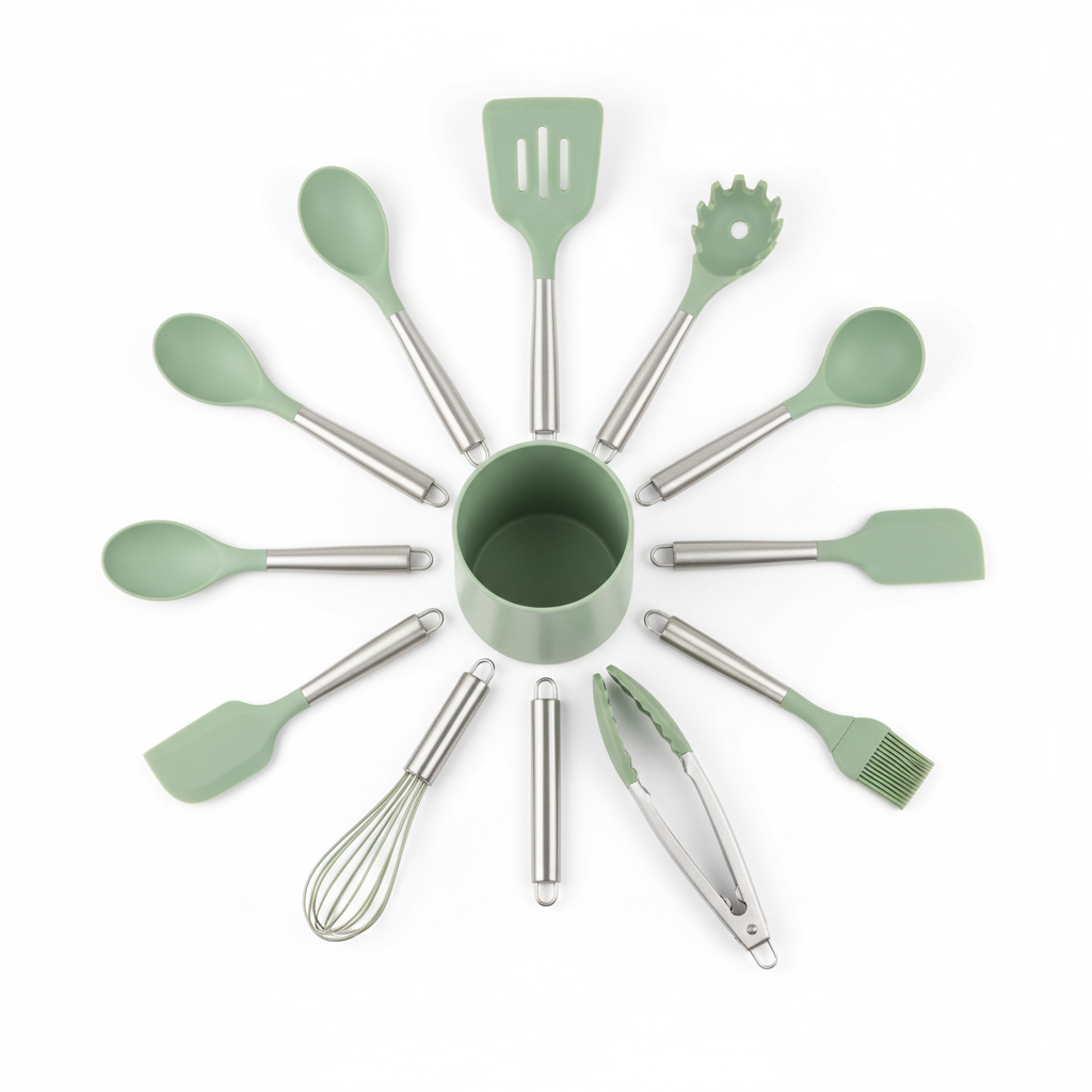 10-piece coordinated sage green silicone kitchen utensil set with stainless steel handles and countertop holder on pure white background
