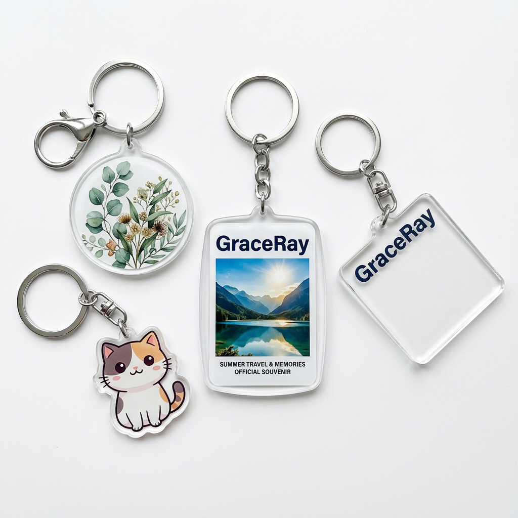 Custom acrylic photo keychains displaying original photographs, illustrations, and graphic designs.