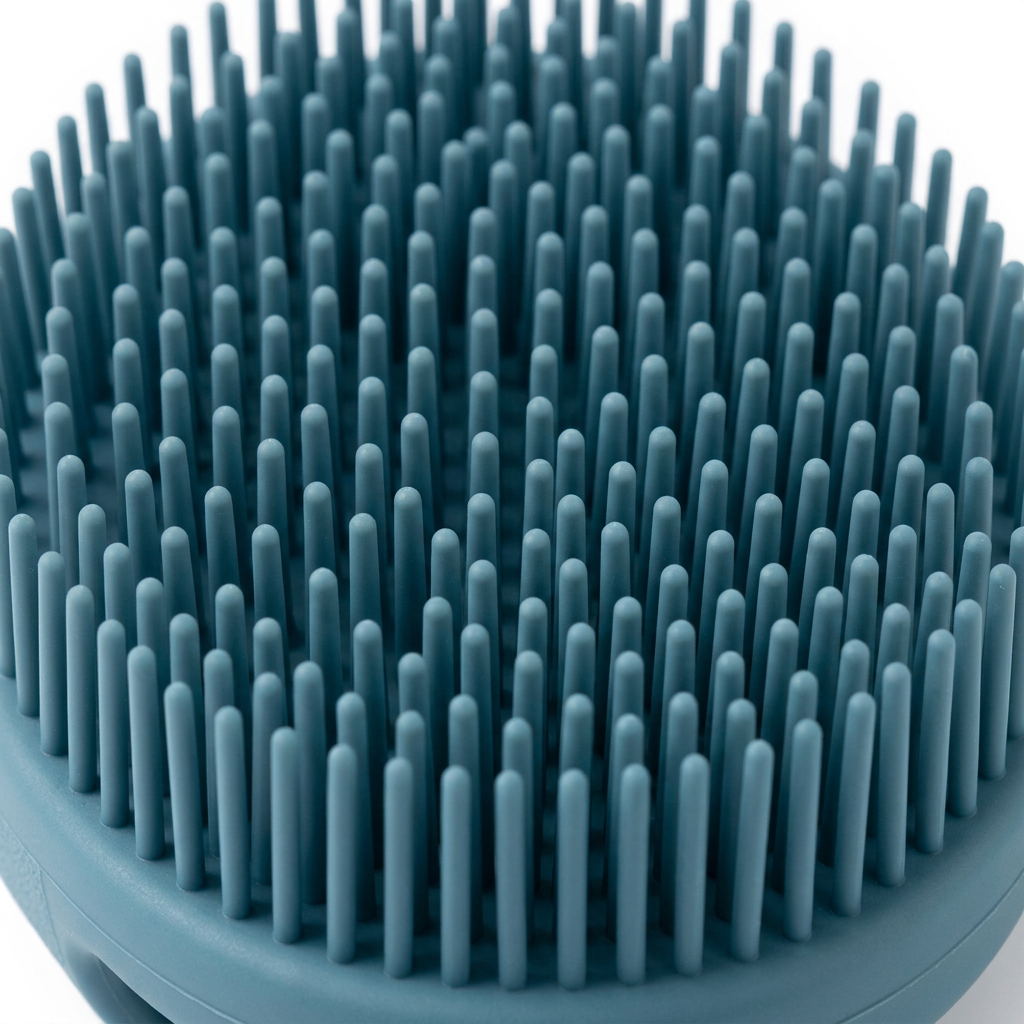 Macro close-up detail of dense flexible silicone bristle array and rounded massage tips