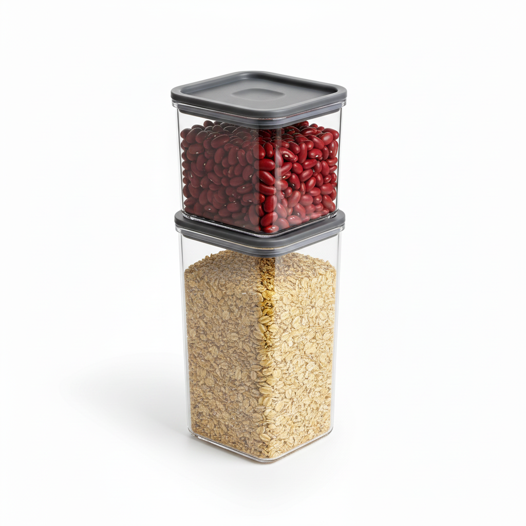 Two stackable dry food containers stacked vertically with grains and beans on pure white background