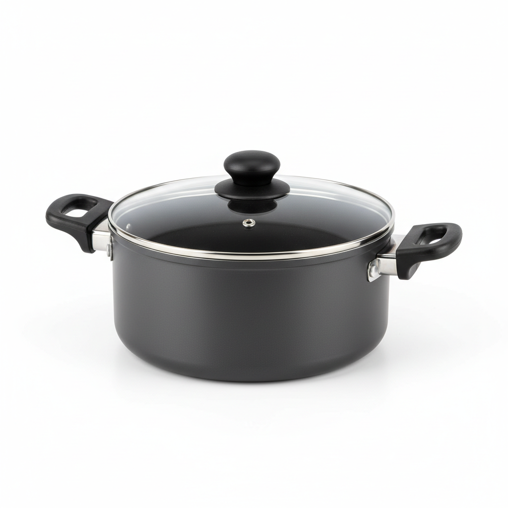 Bestselling aluminum non-stick casserole pot with tempered glass lid and side handles on pure white background
