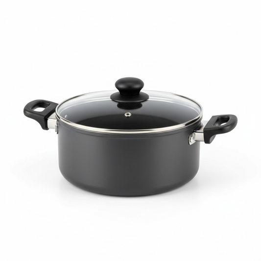 Bestselling aluminum non-stick casserole pot with tempered glass lid and side handles on pure white background
