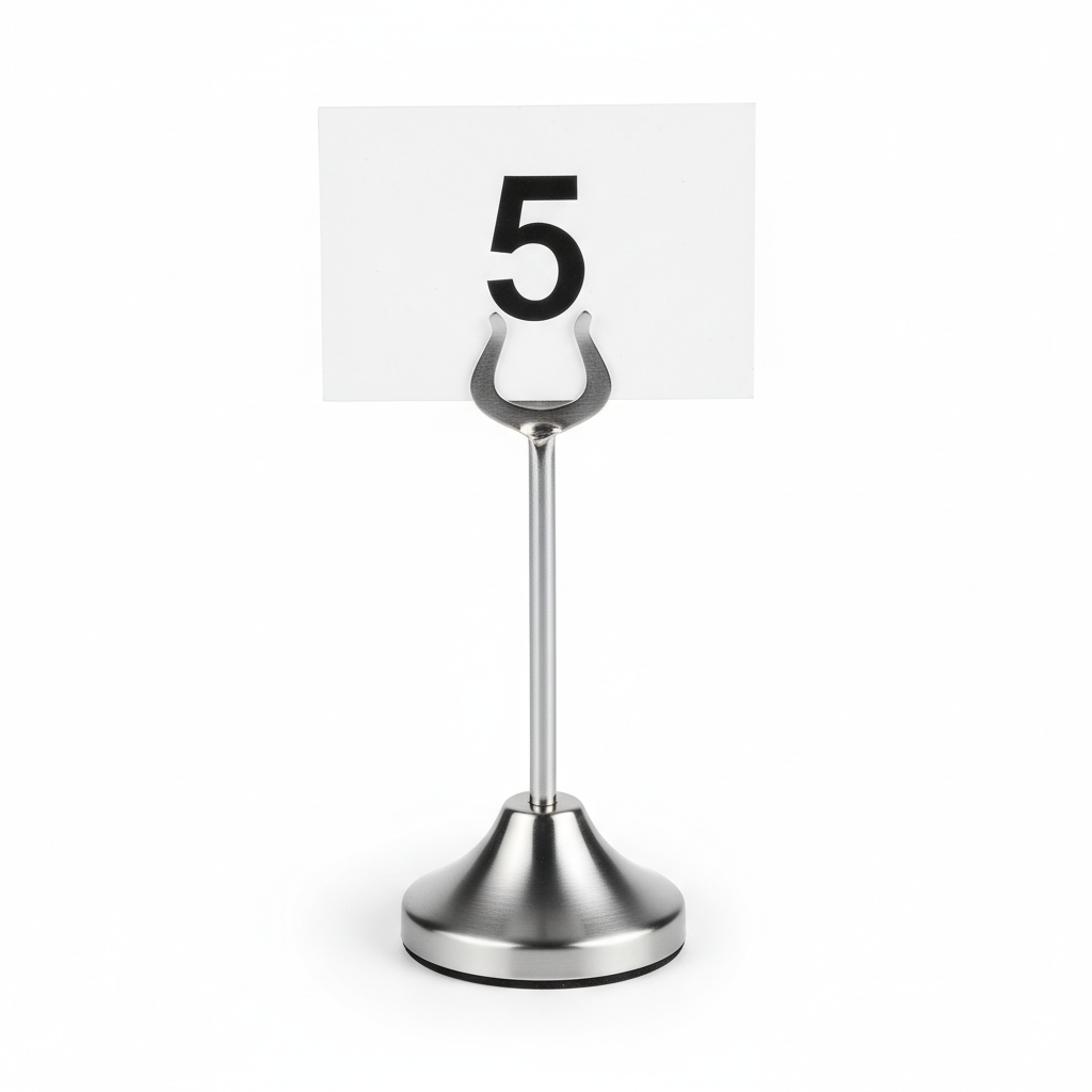 Classic brushed stainless steel hotel restaurant table number stand approximately 10cm tall with heavy weighted flat round base and single vertical fork clip at top holding white card with number 5 on white background, commercial hospitality restaurant banquet event table identification stand