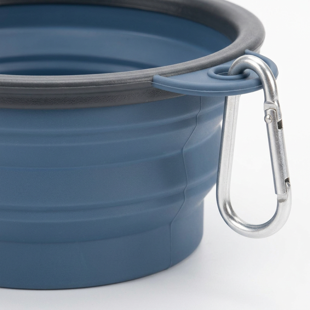 Macro close-up detail of rigid rim, molded hanging hole tab with carabiner, and accordion folding silicone pleats