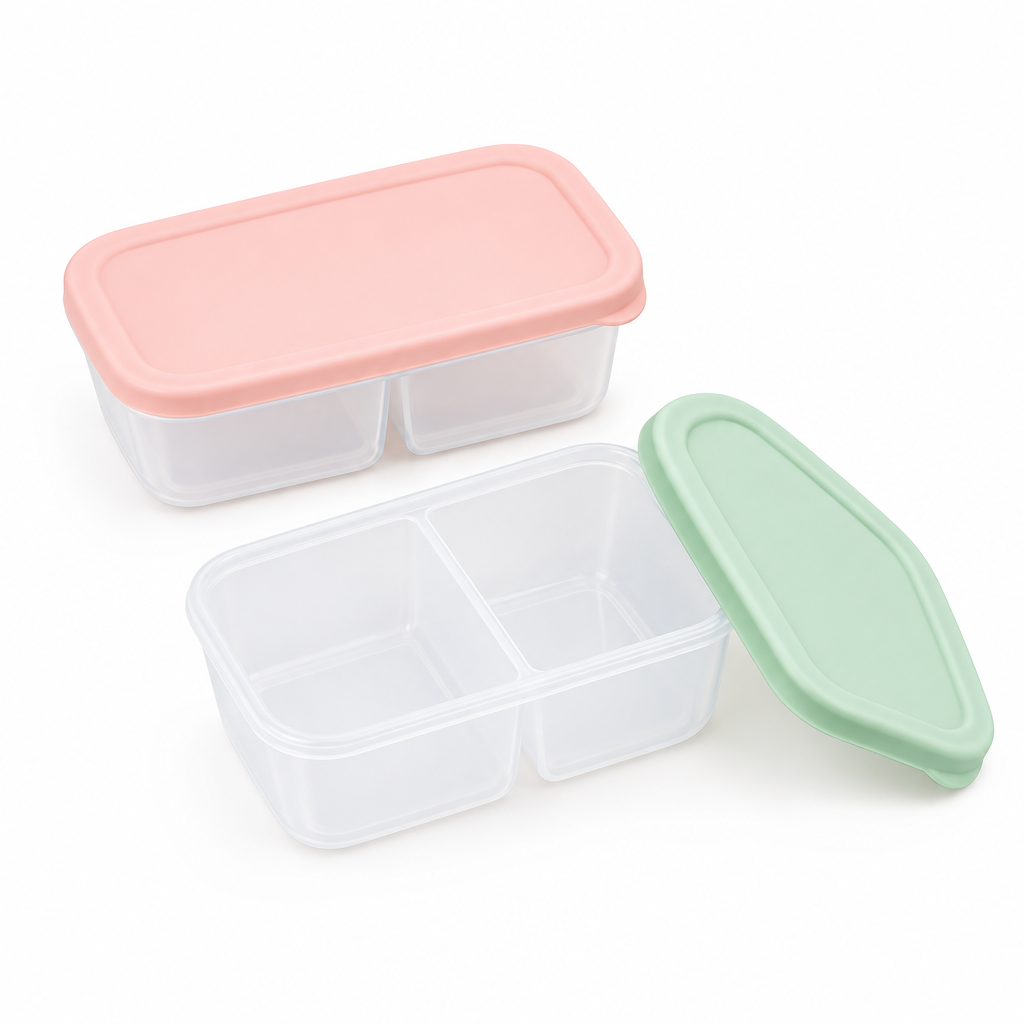 Set of 2 divided reusable snack containers with pastel pink and green flexible lids on white background